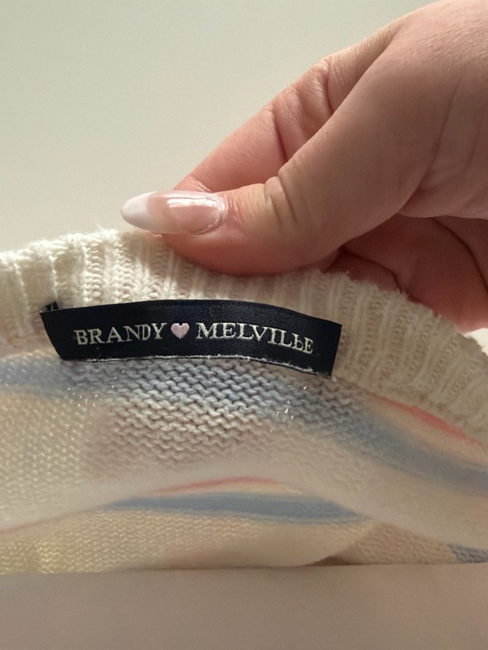Brandy Melville White Crewneck Sweater with Pink & Light Blue Stripes - Picture 3 of 3